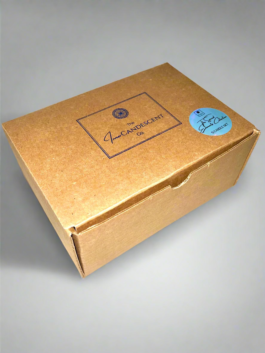 Brown cardboard box with a visible brand logo on a marble surface