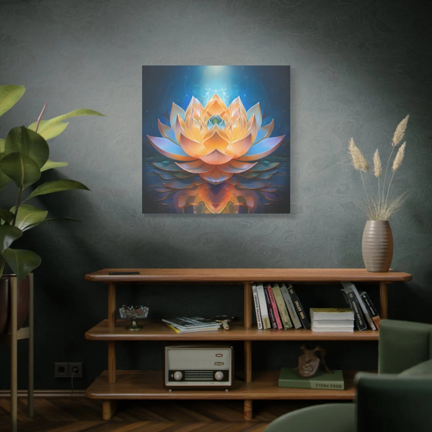 Blue & Gold Lotus of Light – Sacred Geometry Canvas Print | Meditation & Healing Space Wall Art (3 Sizes) Printify