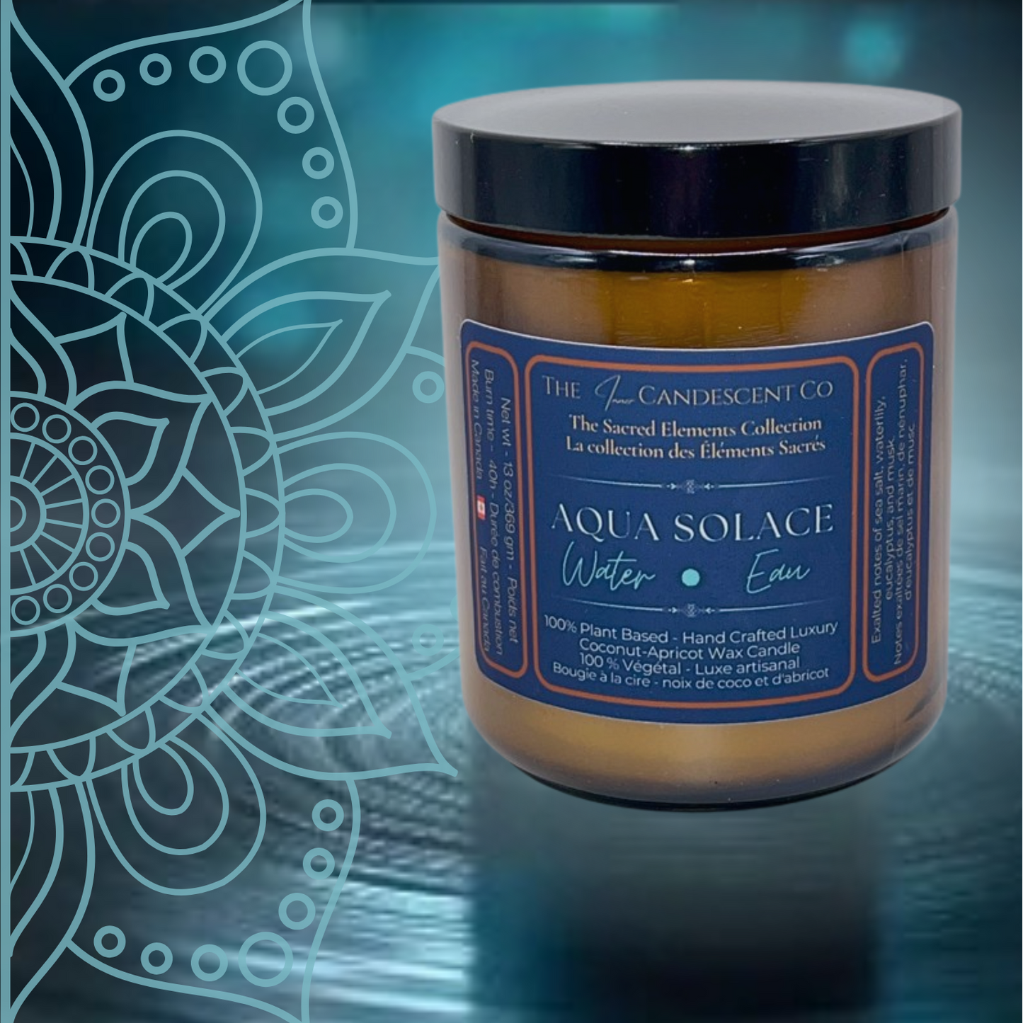 Candle jar with 'Aqua Solace' label on a blue background with mandala design