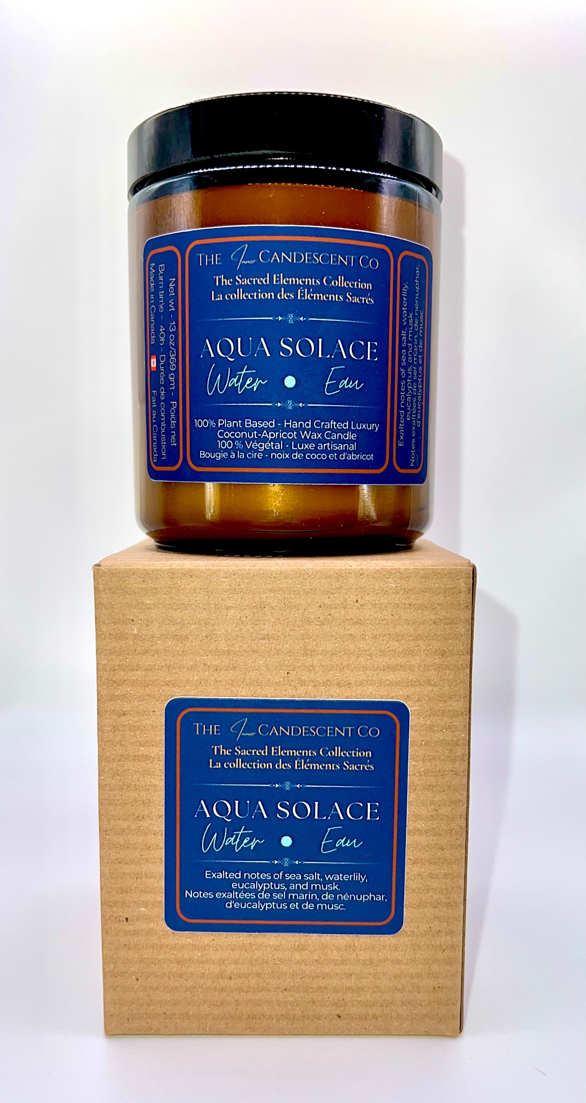 Aqua Solace candle from The L. Candemco Co on a white background