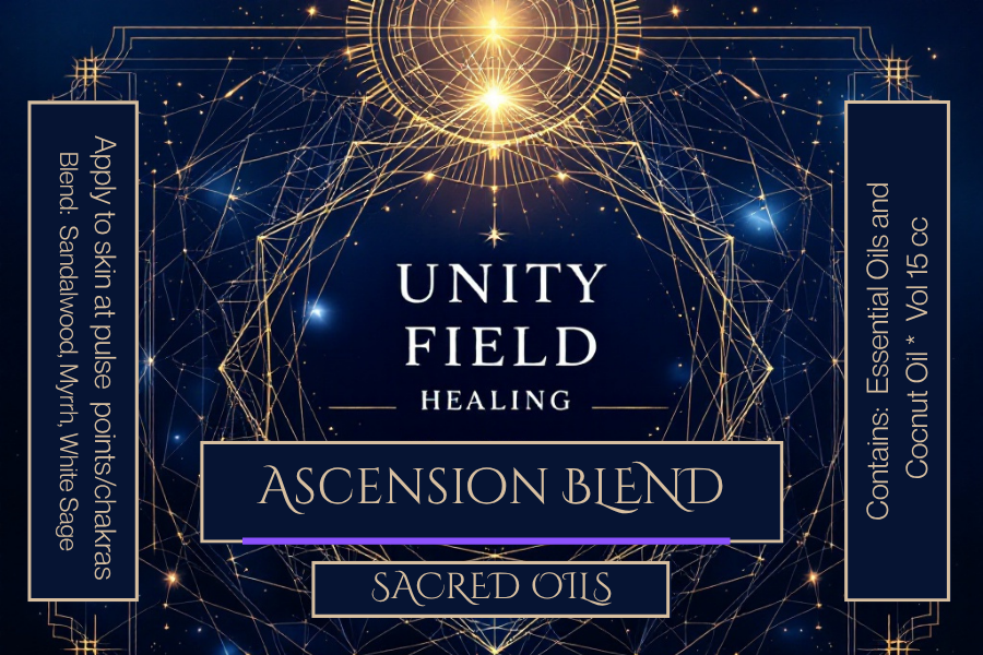 Unity Field Healing Ascension Blend packaging with geometric design and text on a dark blue background