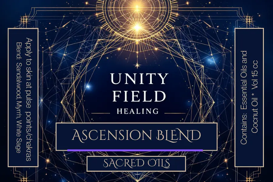 Unity Field Healing Ascension Blend packaging with geometric design and text on a dark blue background