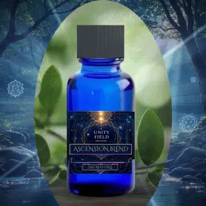 Bottle of Unity Field Ascension Blend with a mystical background