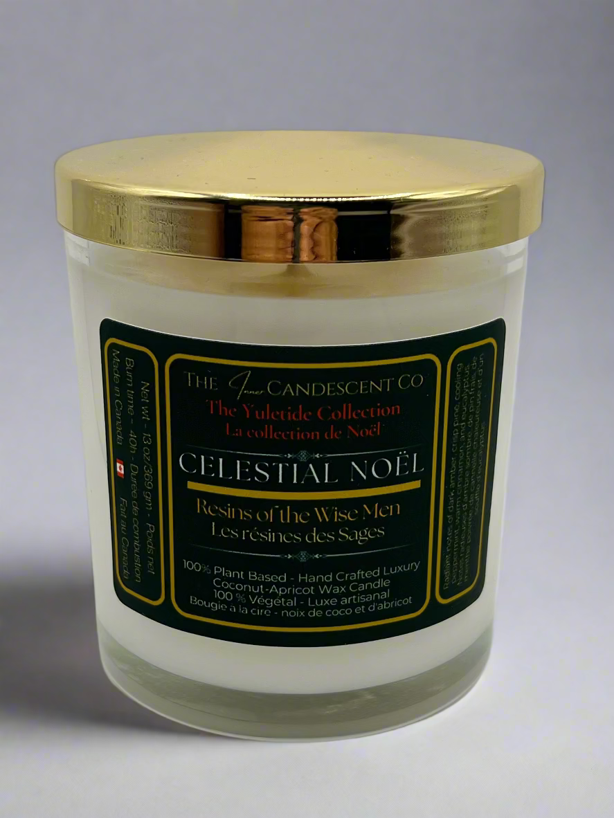 Candle jar with gold lid and label on a white background