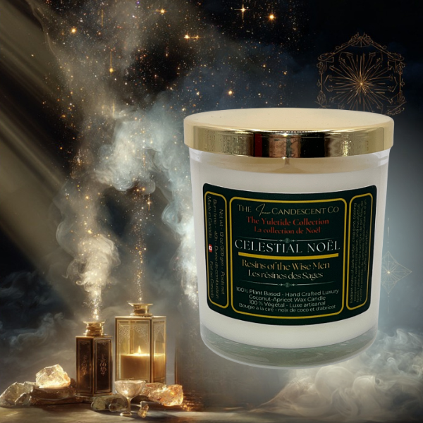 Candle with a label titled 'Celestial Noel' in a mystical setting with candles and crystals.