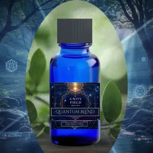 Blue bottle labeled 'Quantum Blend' with a mystical background