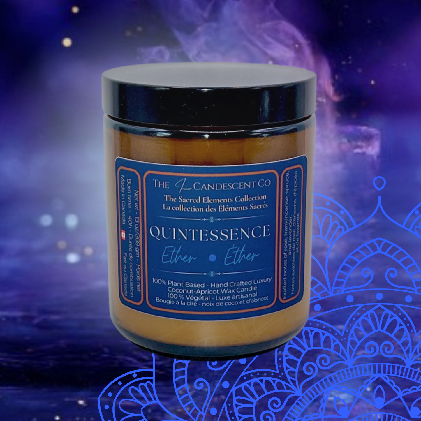 Candle jar labeled 'Quintessence' with a mystical background