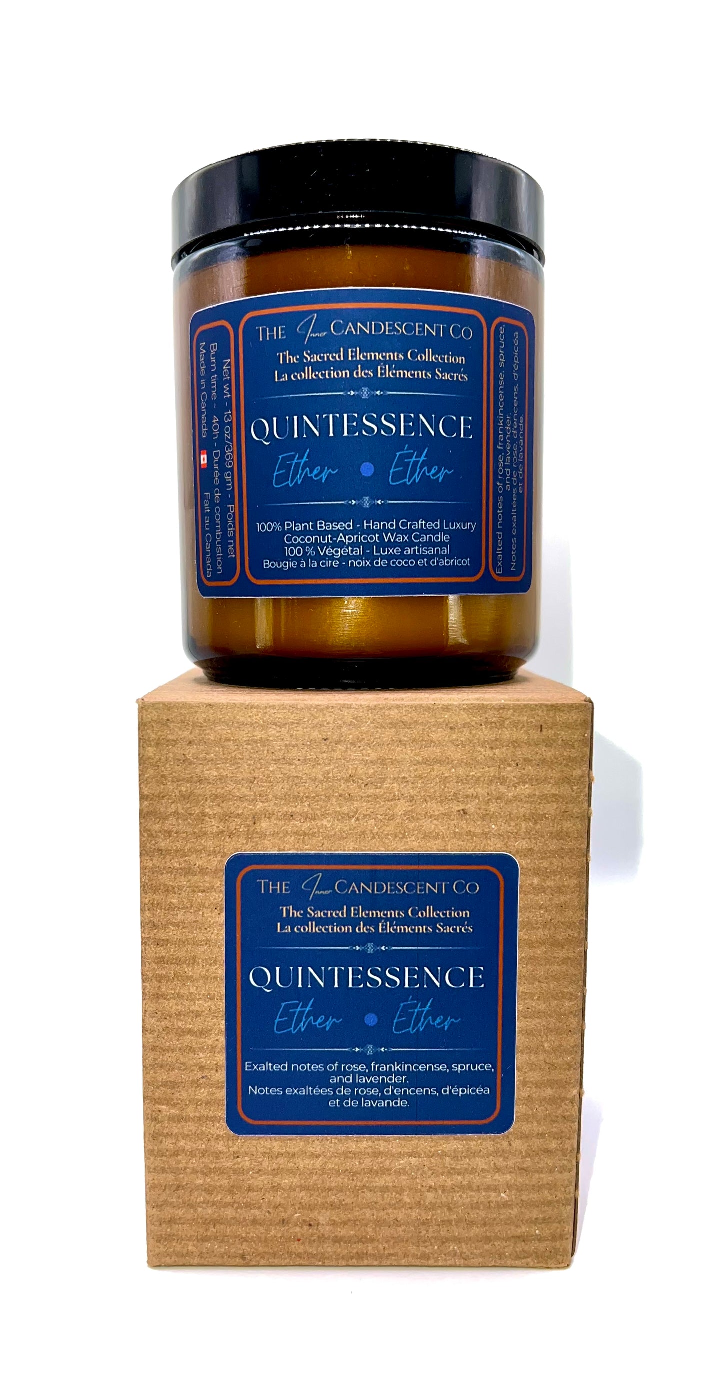 Candle jar with a blue label on a wooden block against a white background