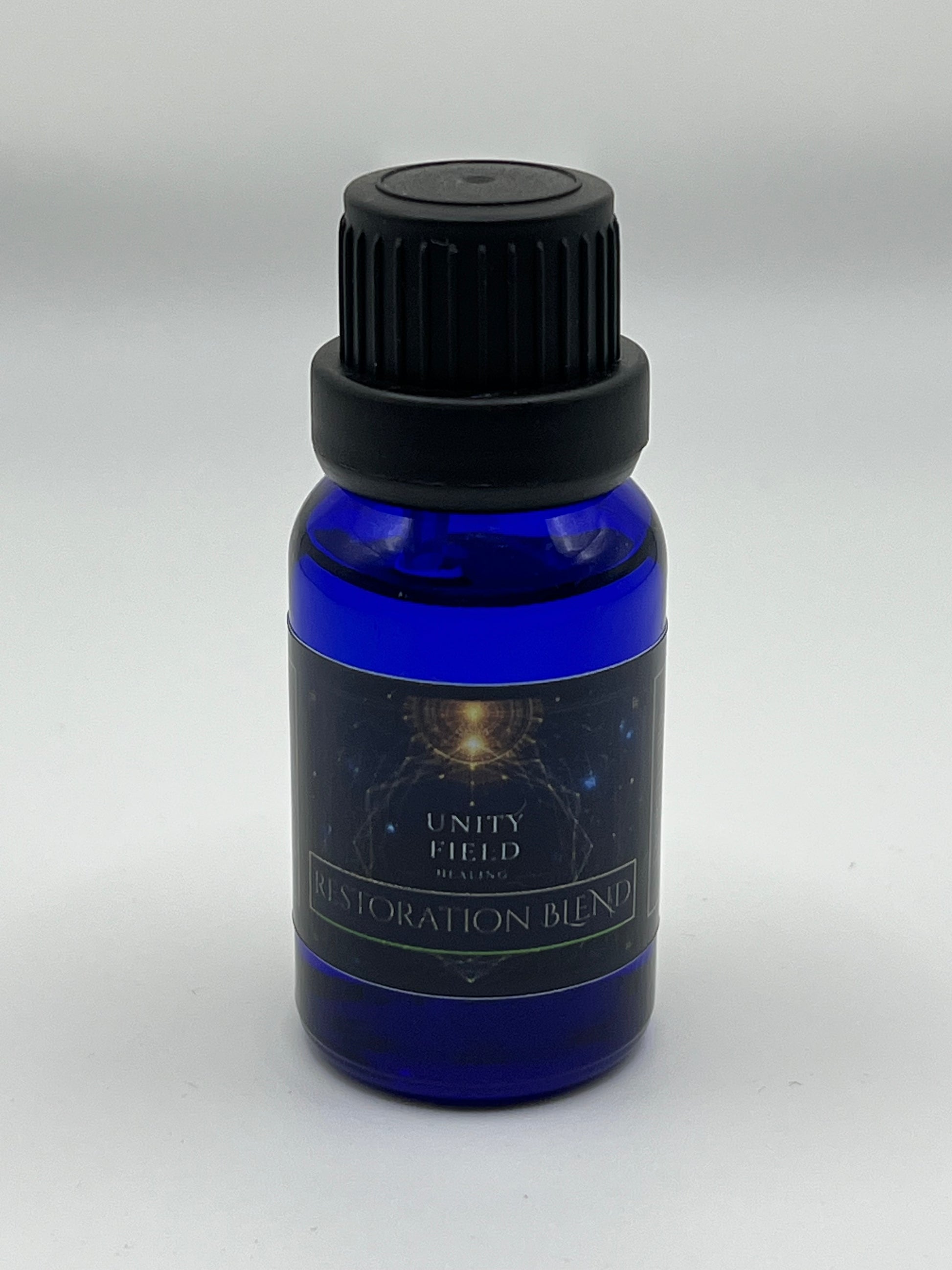 Blue bottle with black cap on a white background