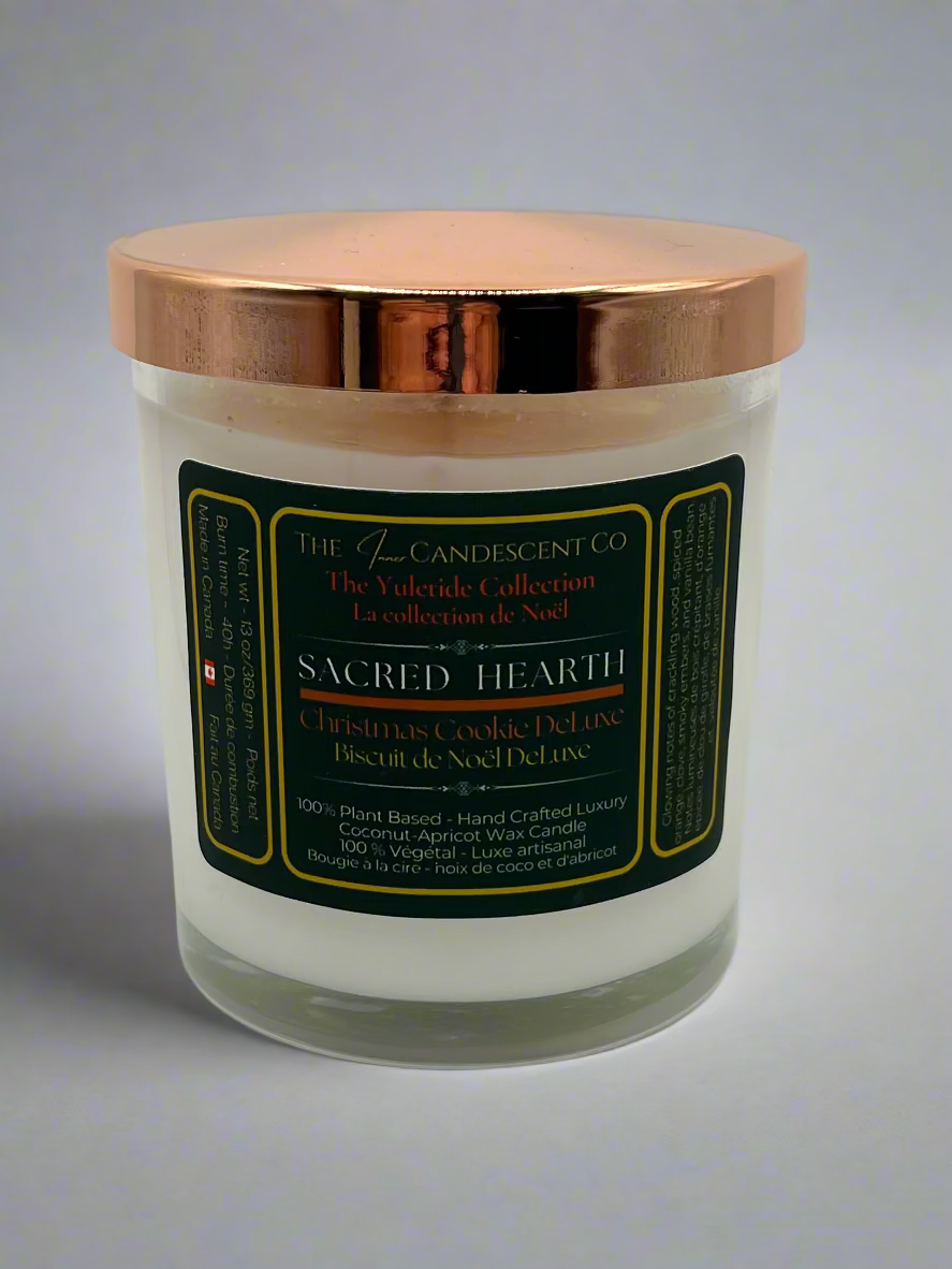 Candle with a copper lid and label on a white background