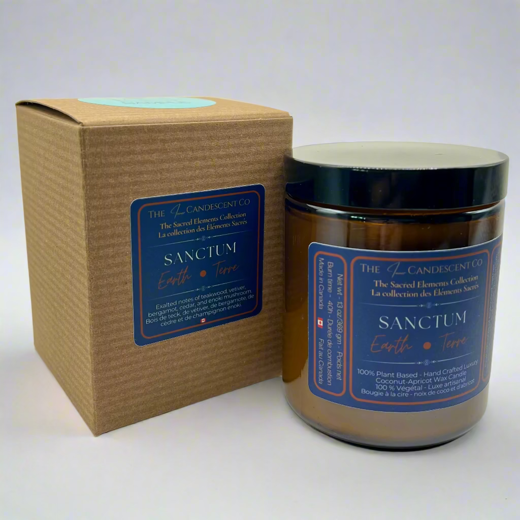 Candle labeled 'Sanctum' with a matching box on a white background