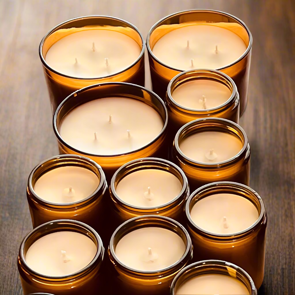 Multiple small candles arranged in rows on a table with a plain background