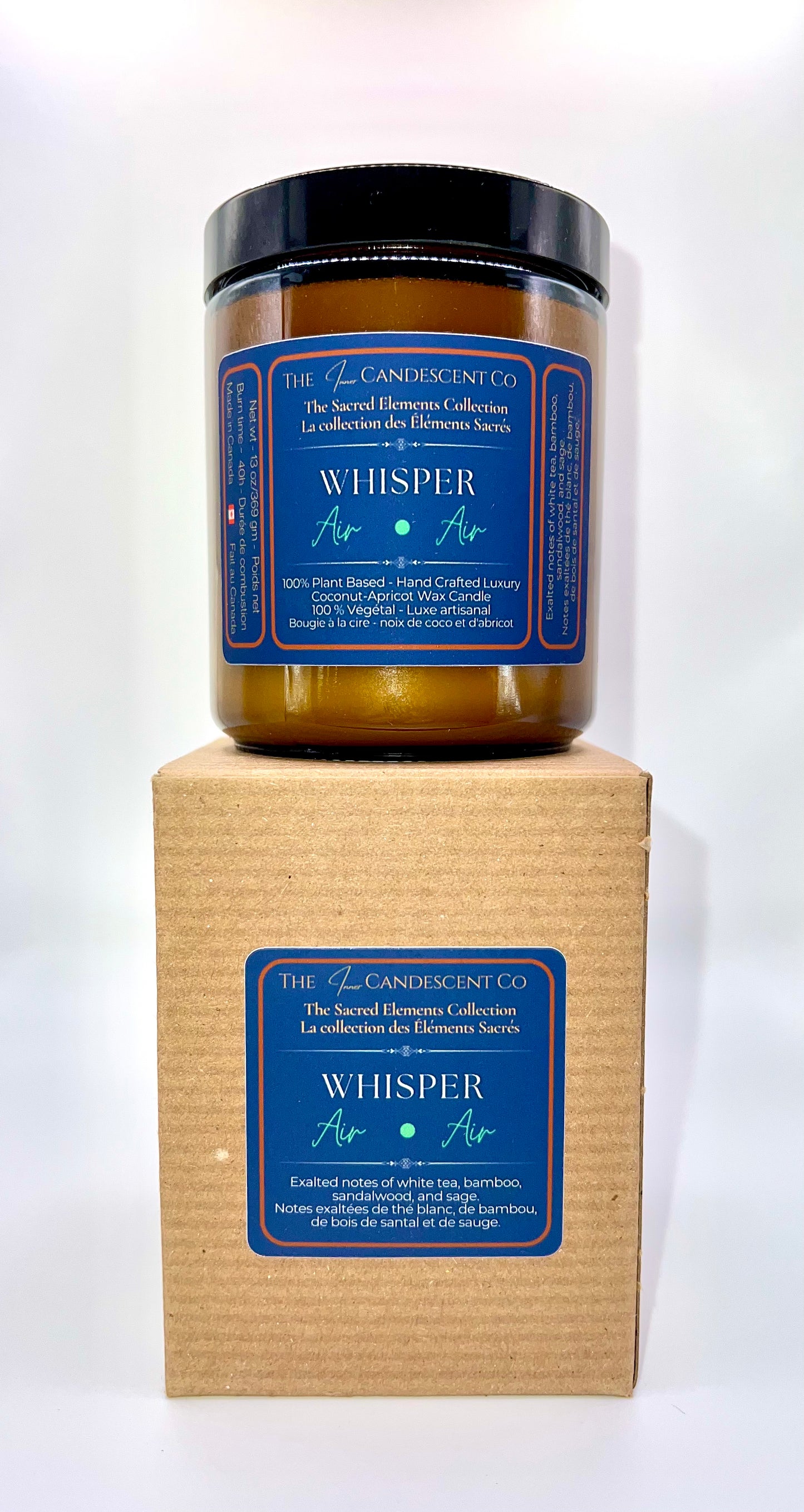 Candle with a blue label on a white background