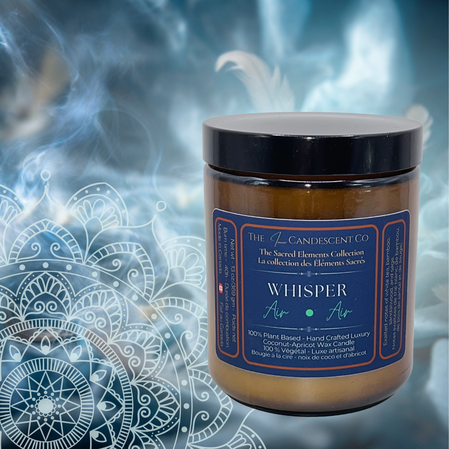 Candle jar labeled 'Whisper Air' with a mystical background