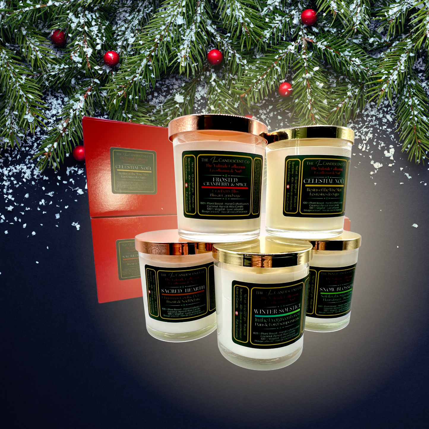 Set of candles with green labels on a dark background with Christmas decorations