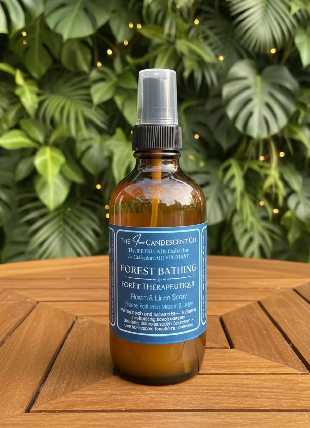 Brown spray bottle with blue label on a textured white surface