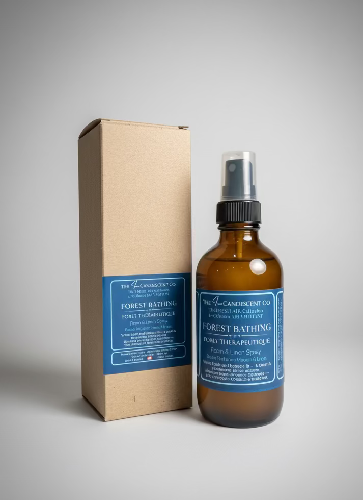 Bottle of 'Forest Bathing' spray with packaging on a textured surface