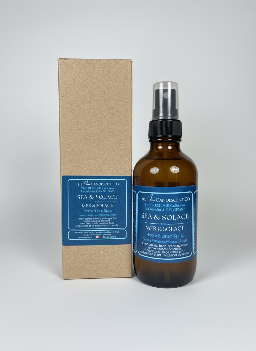Brown bottle with blue label and cardboard box labeled 'Sea & Solace' on a white surface.