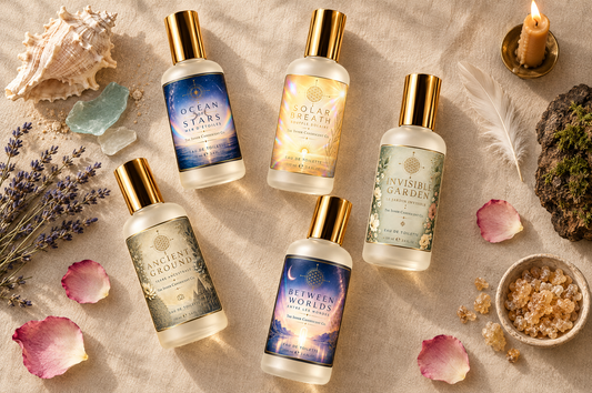 Overhead flat lay of the five Elemental Reverie alcohol-free eau de toilettes with shell, candle, feather, stone and frankincense