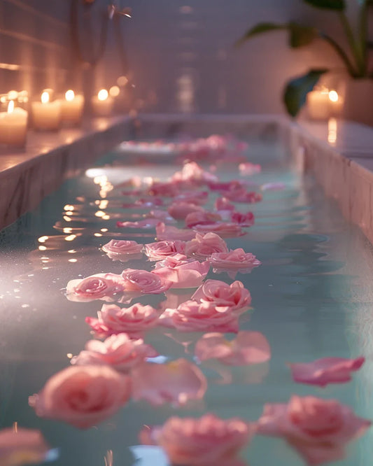 Luxury mineral bath with floating pink rose petals and candlelight — The InnerCandescent Co Mineral Light Collection