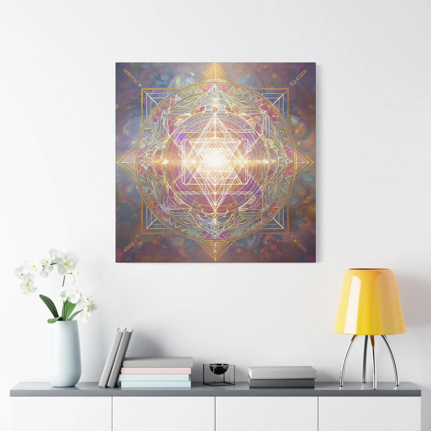 Radiant Harmonic Core – Sacred Geometry Light Canvas Print | Crystalline Energy Wall Art (3 Sizes) Printify