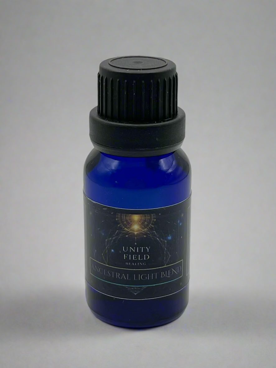 Blue essential oil bottle with black cap on a white background