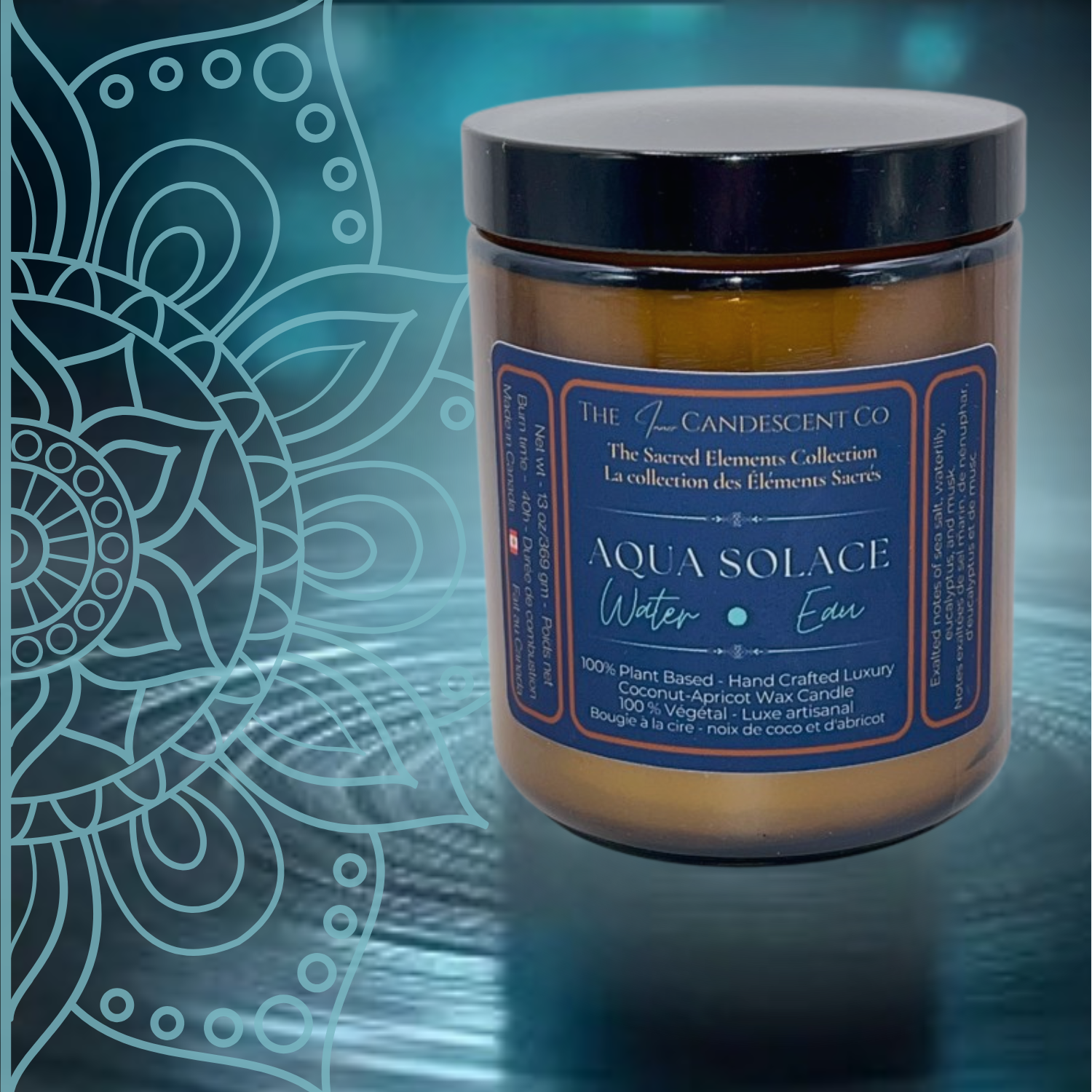 Candle jar with 'Aqua Solace' label on a blue background with mandala design