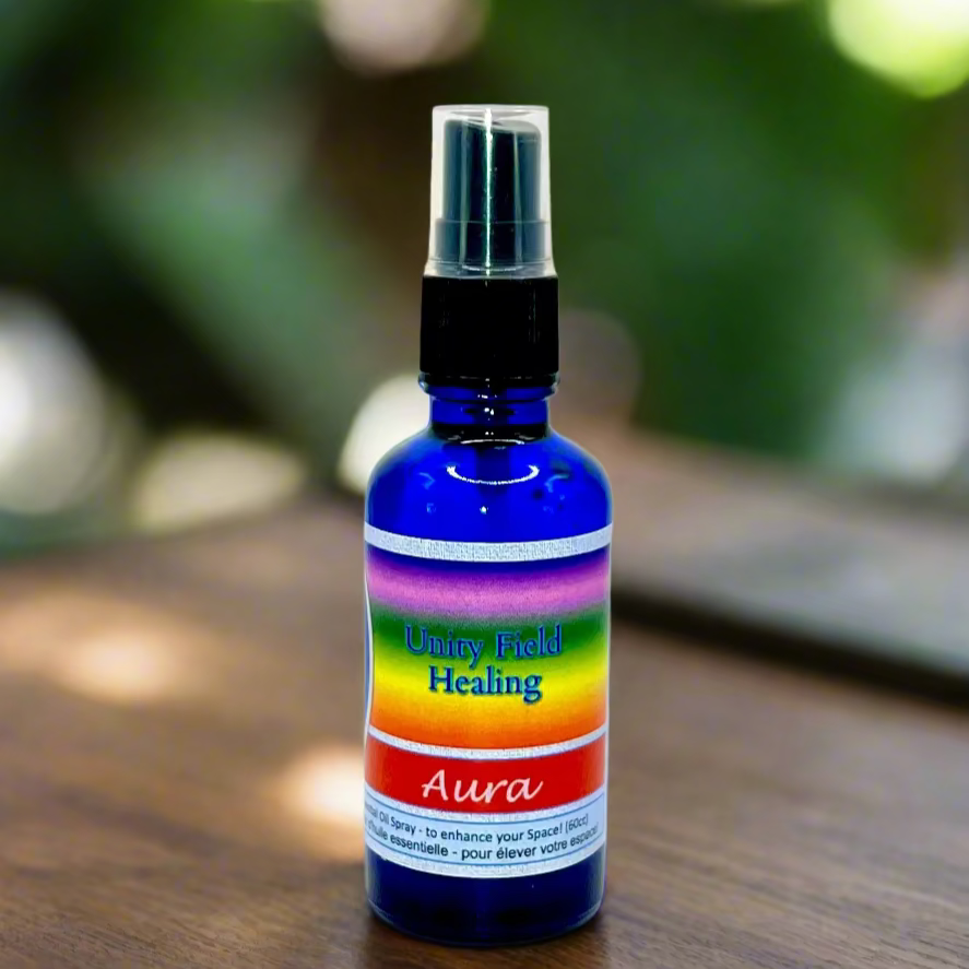 Bottle labeled 'Aura' with a colorful label on a white background