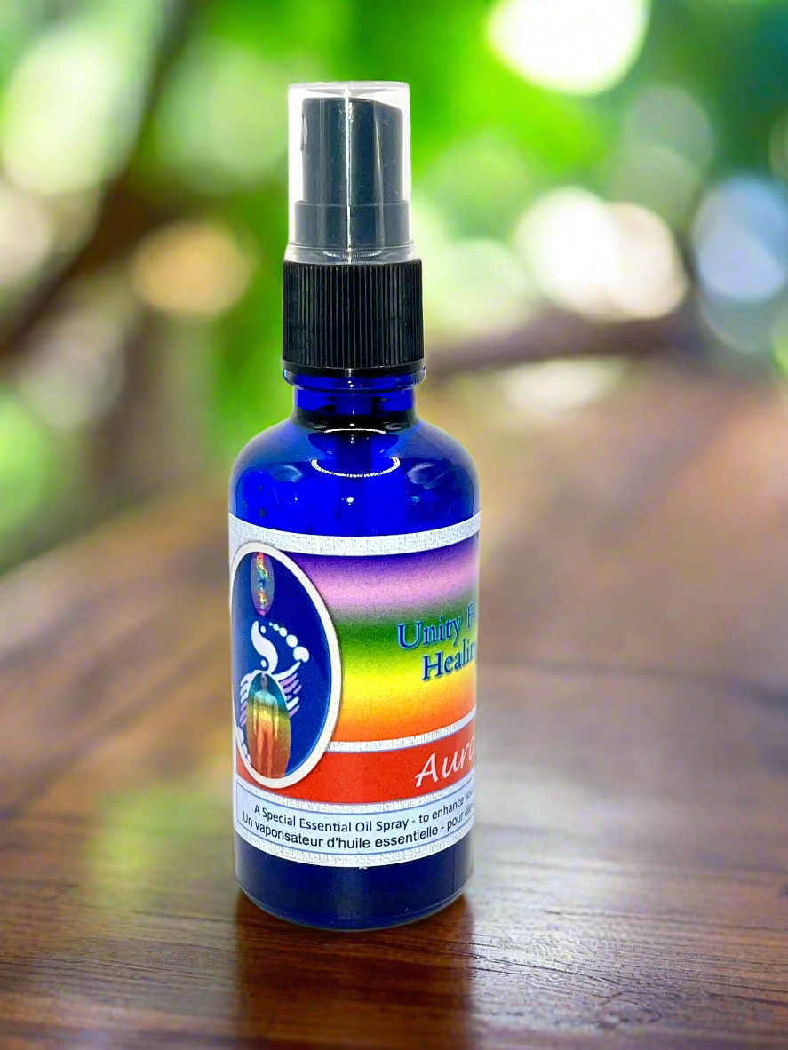 Blue spray bottle with a colorful label on a white background