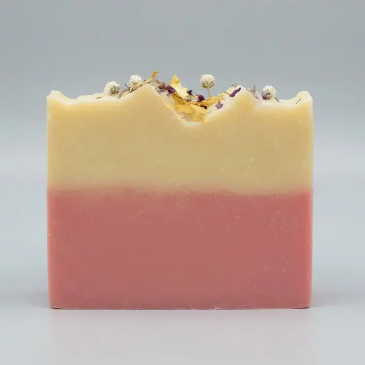 Two-toned soap bar on a white surface.