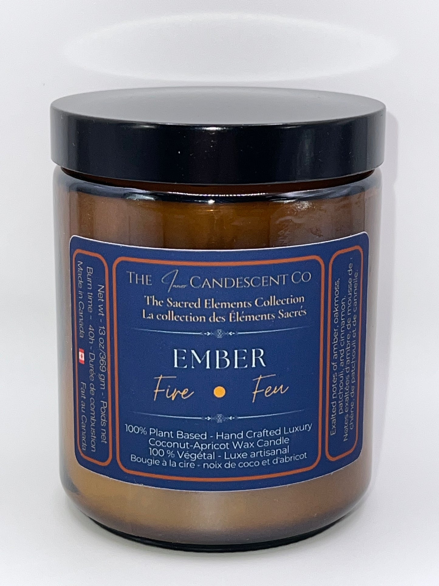 Candle jar with a blue label on a white background