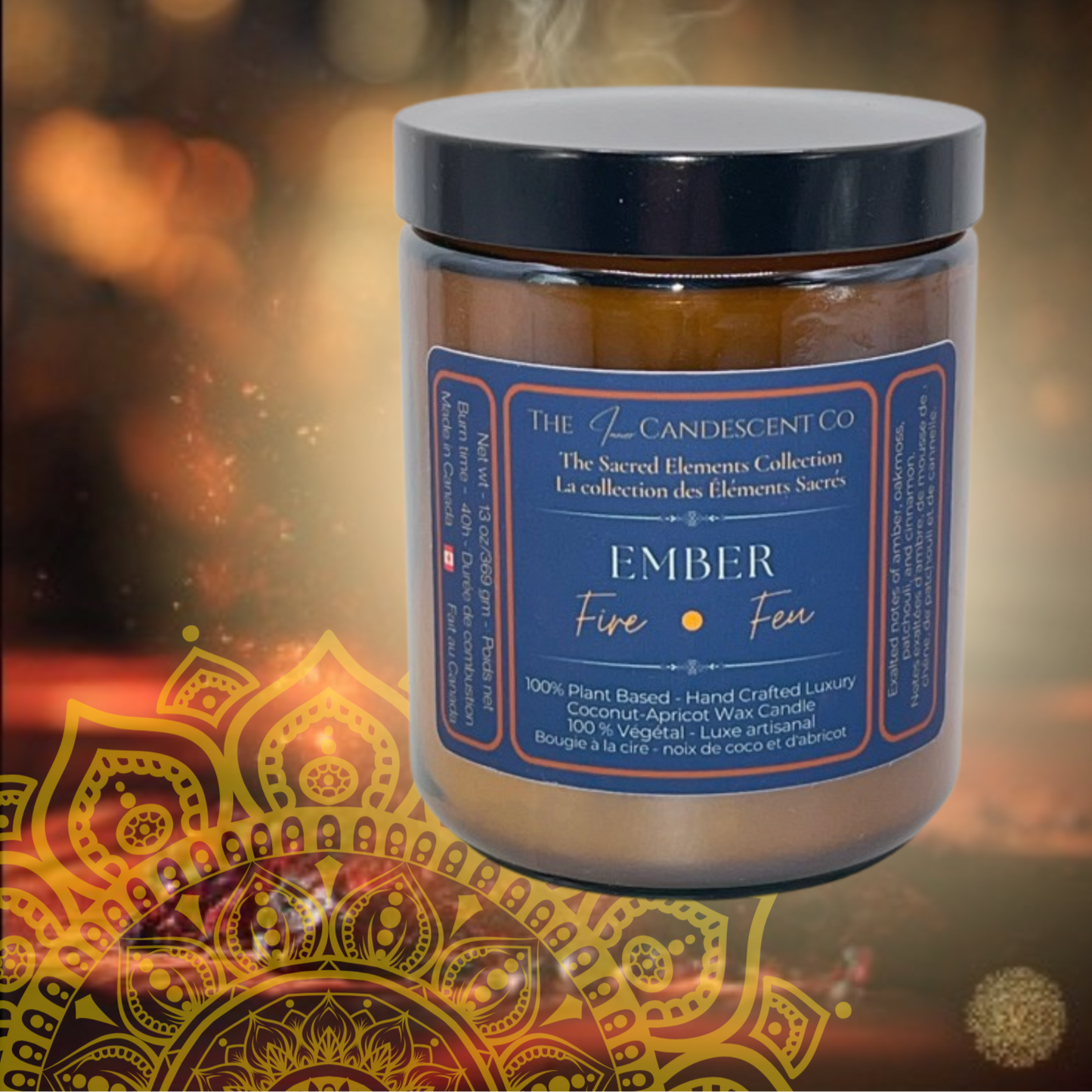Candle jar labeled 'Ember' from The Candescent Co with a decorative background
