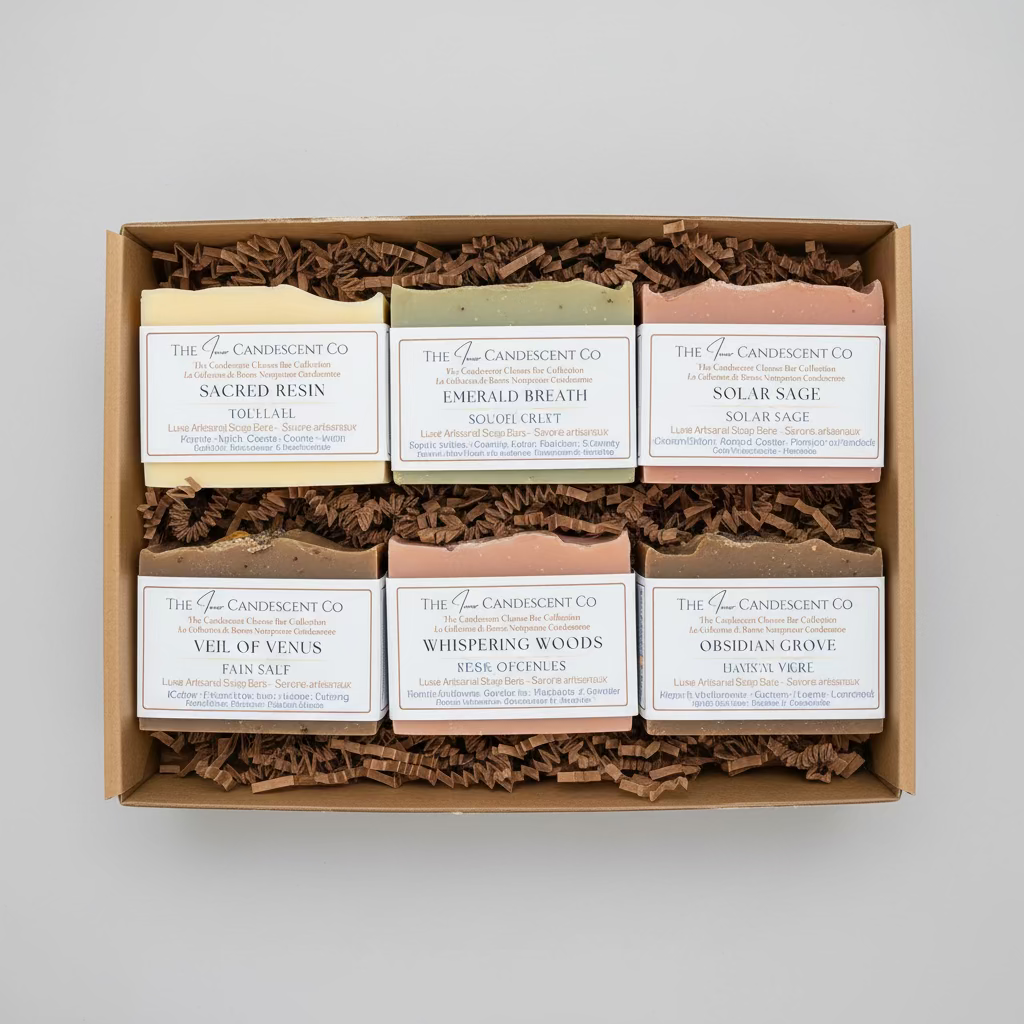 Box of soap bars with visible labels on a white background