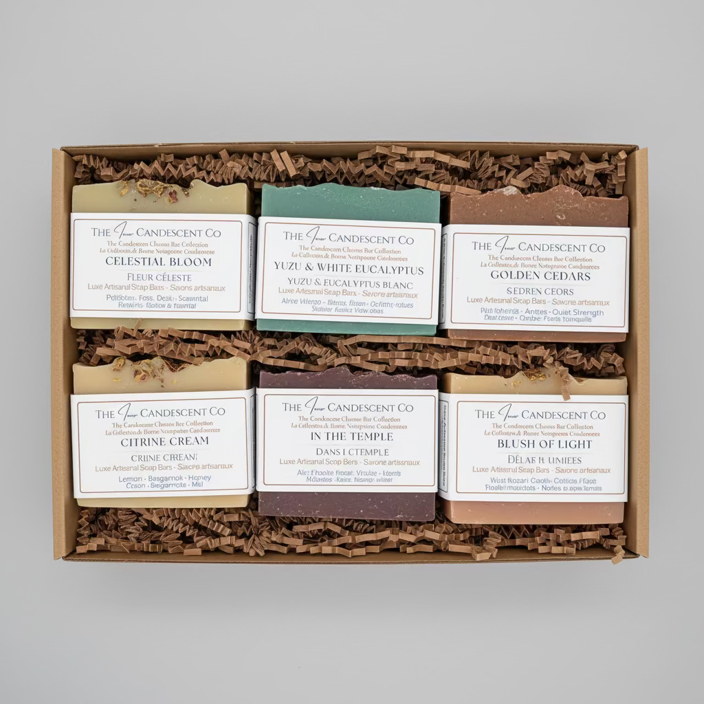 Set of soap bars with labels in a box