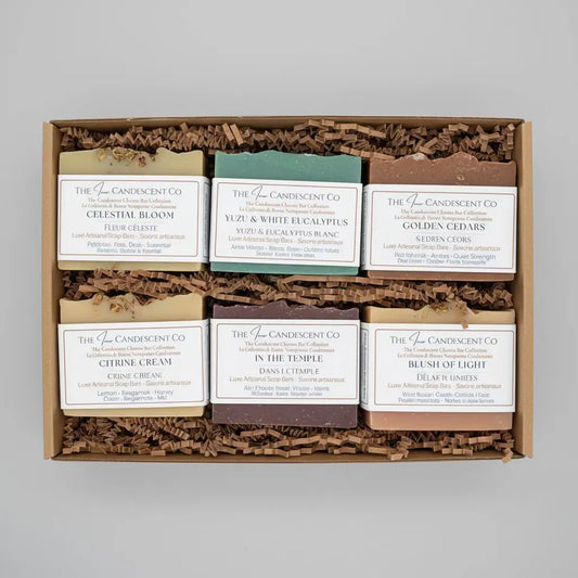 Set of soap bars with labels in a box