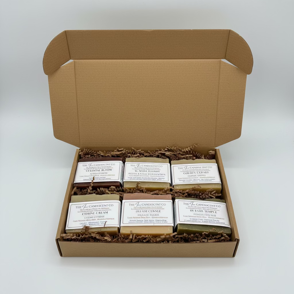 Box of soap bars with labels on a white surface