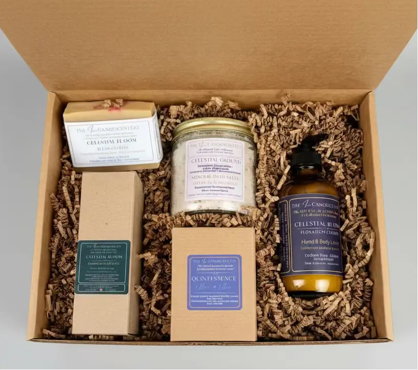 Box with bath and body products including a candle, soap, and bottle on a green surface.