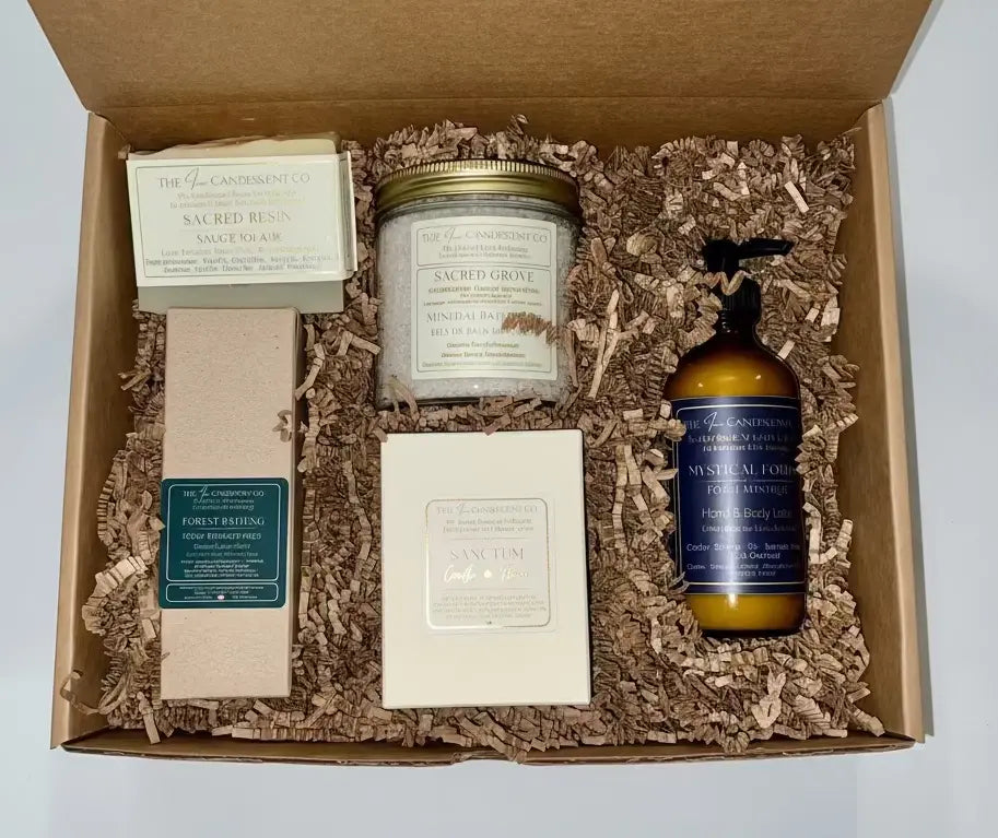 Collection of spa items in a cardboard box with decorative paper