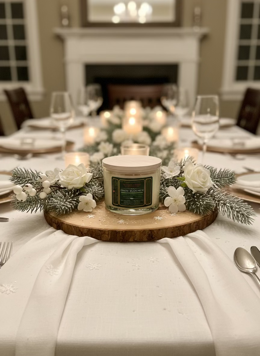 Candle with a green label on a wooden surface