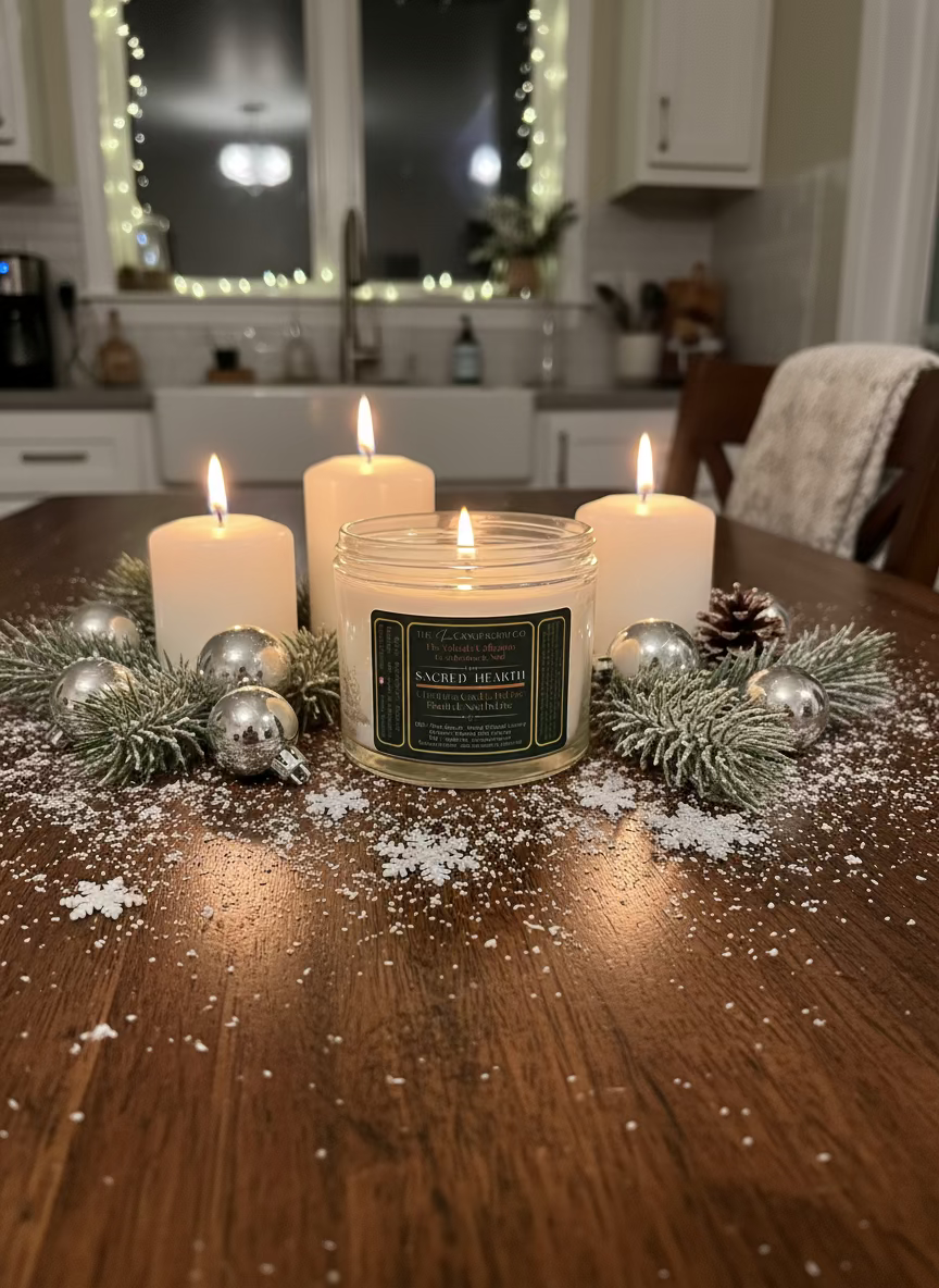 Candle jar labeled 'Sacred Hearth' from The Candescent Co. on a wooden surface.
