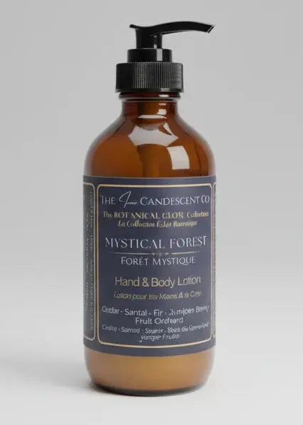 Hand and body lotion bottle with 'Mystical Forest' label against a forest background