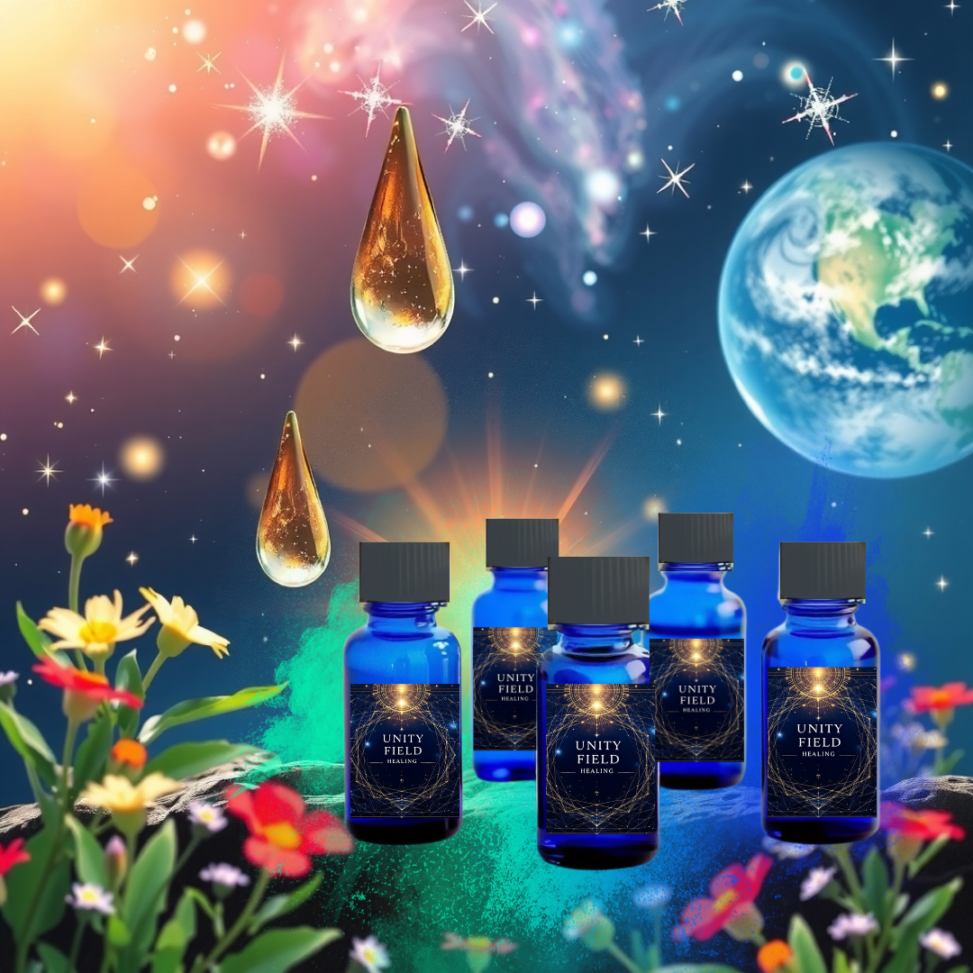 Bottles labeled 'Unity Field' with floral elements and cosmic background