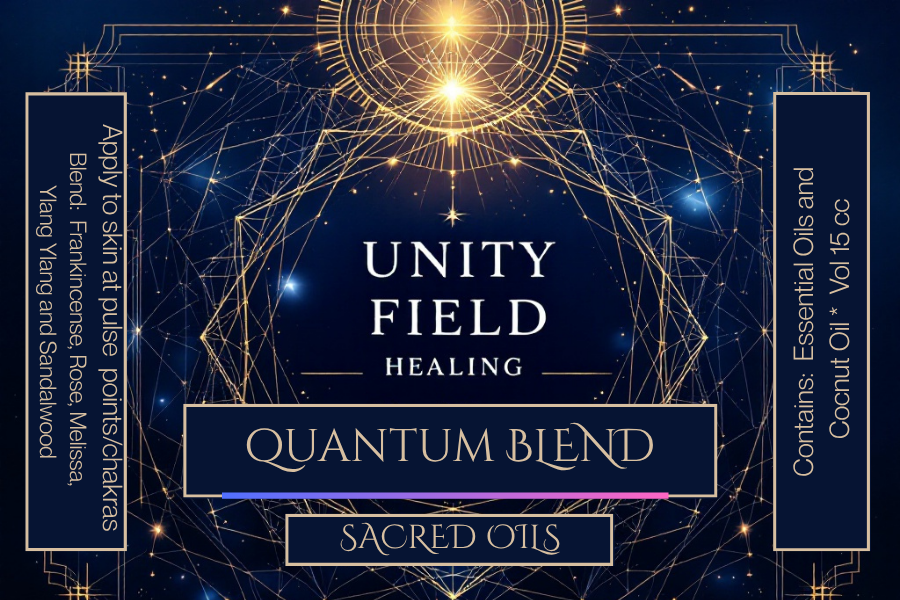Unity Field Healing Quantum Blend sacred oils packaging with geometric design and blue background