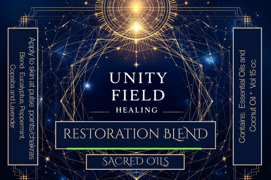 Unity Field Healing Restoration Blend packaging with geometric design and text on a dark blue background