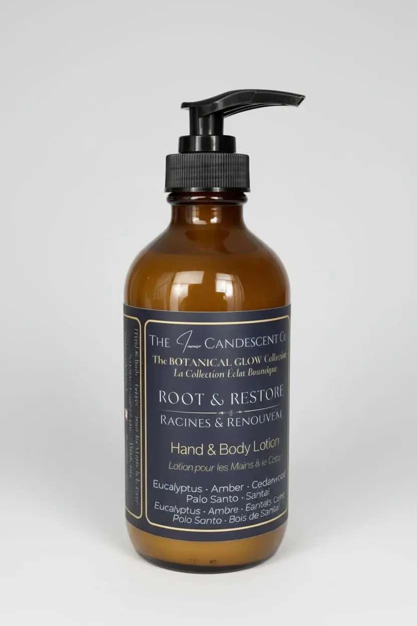 Bottle of 'Root & Restore' hand and body lotion with a mystical background