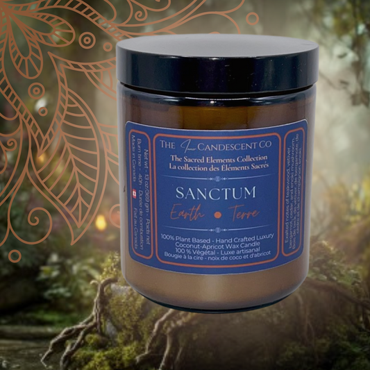 Candle jar labeled 'Sanctum' from The Candescent Co with a mystical background