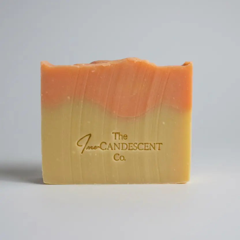 Two-layered soap bar with a visible brand logo on a textured surface.