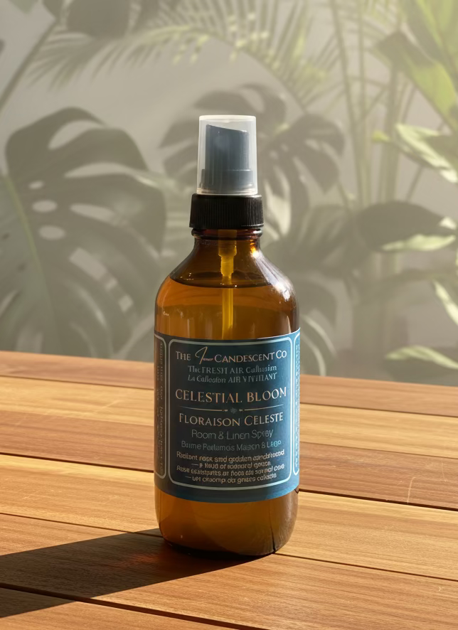 Brown spray bottle with a blue label on a white surface with a blurred outdoor background