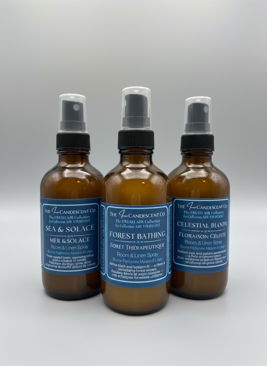 Three bottles of 'The Candescents Co.' room and linen sprays on a textured surface.