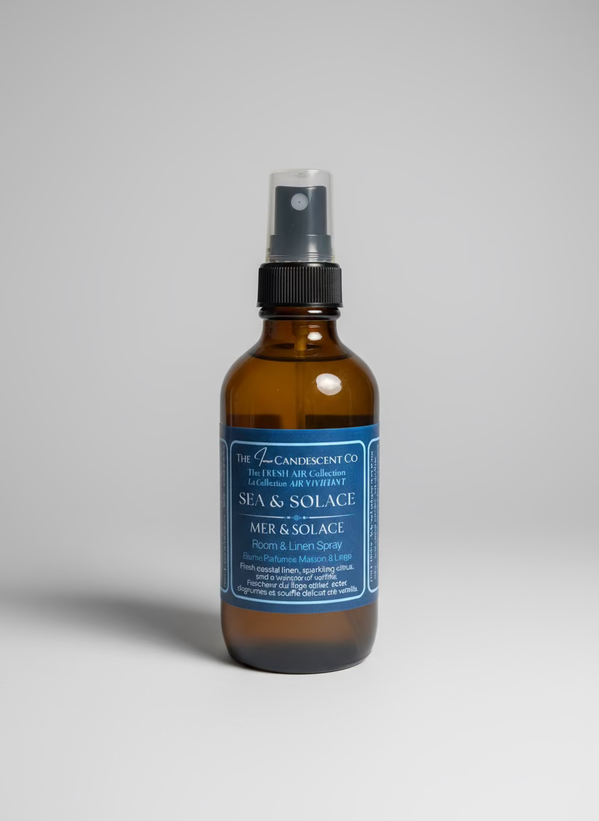 Brown spray bottle with blue label on a textured surface